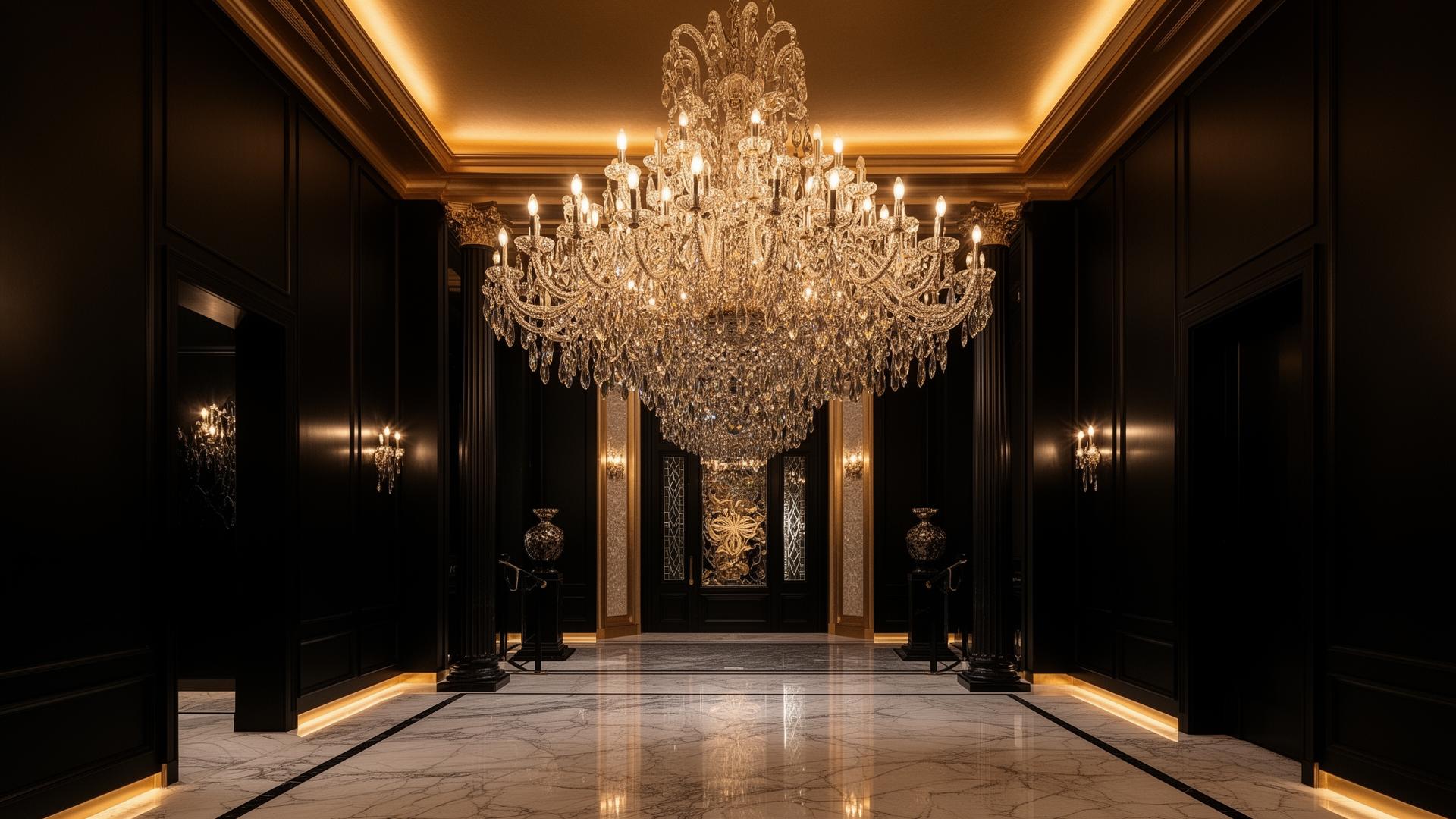 A grand crystal chandelier in a luxury foyer with marble floors